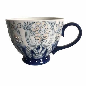 World Market Floral Blue Blush Pedestal Large Coffee Tea Mug Cup Hand Painted